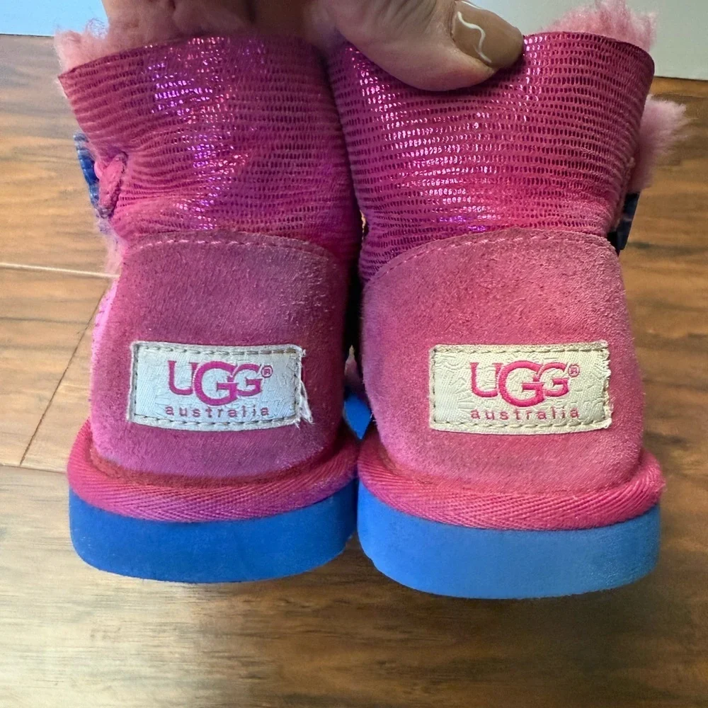 UGG Australia Mini Bailey Button Lizard Boot-Pink and Blue-Size 2